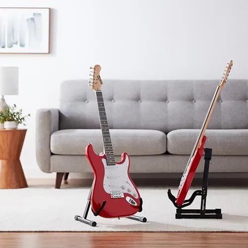 Amazon Basics Adjustable Guitar Folding A-Shape Frame Stand for Acoustic and Electric Guitars with Non-Slip Rubber and Soft Foam Arms, Fully Assembled, Black