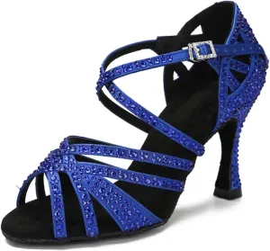 Blue Latin Dance Shoes - Rhinestone Sandals for Tango/Waltz Weddings (9CM/3.54")