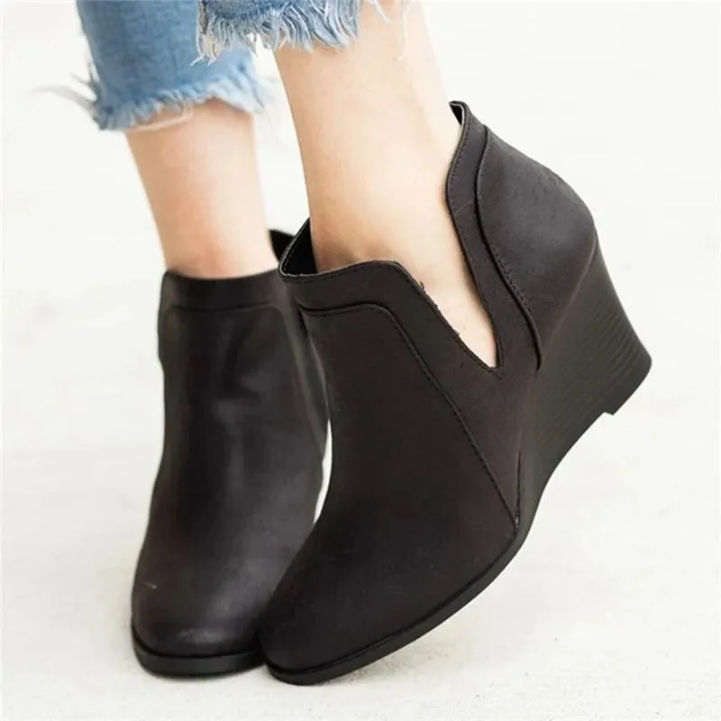 Chicvane New Side Zipper Closure Round Chunky Heel Ankle Boots For Women