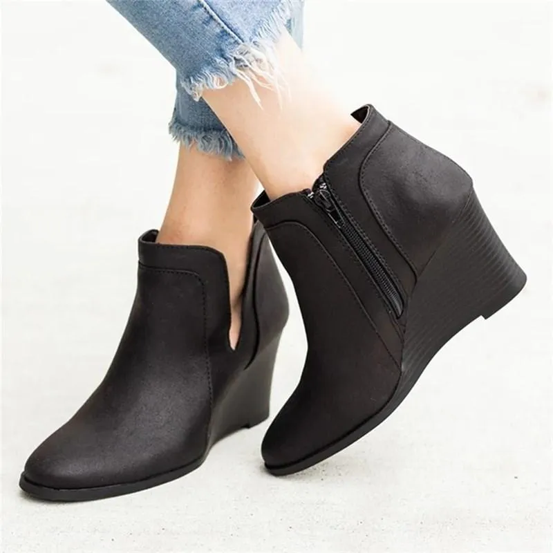 Chicvane New Side Zipper Closure Round Chunky Heel Ankle Boots For Women