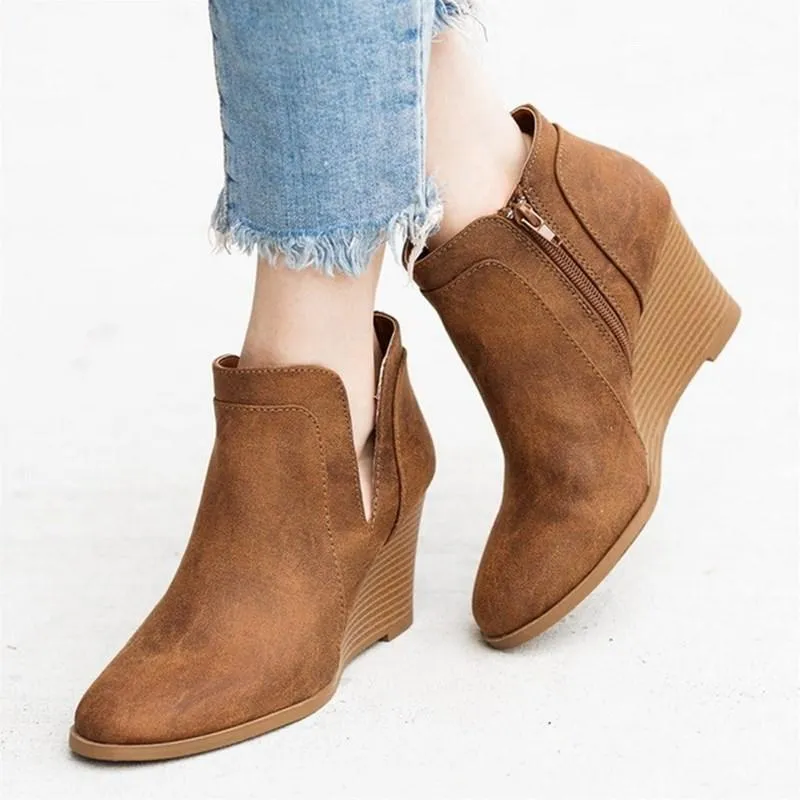 Chicvane New Side Zipper Closure Round Chunky Heel Ankle Boots For Women