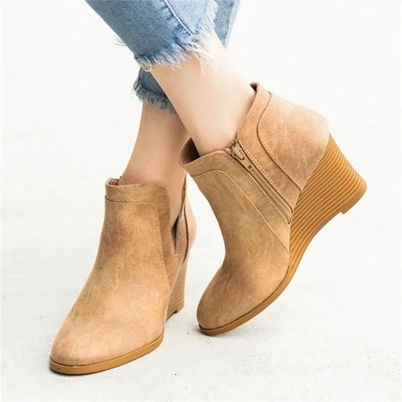 Chicvane New Side Zipper Closure Round Chunky Heel Ankle Boots For Women