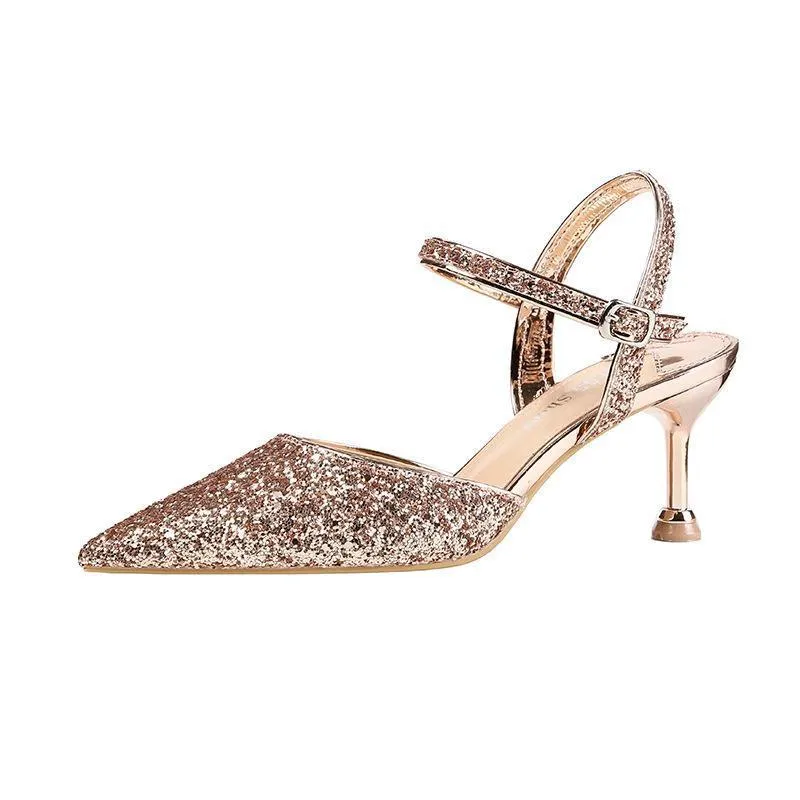 Chicvane Sequined Rhinestones Pointed Toe Stiletto Heel Bridal Shoes