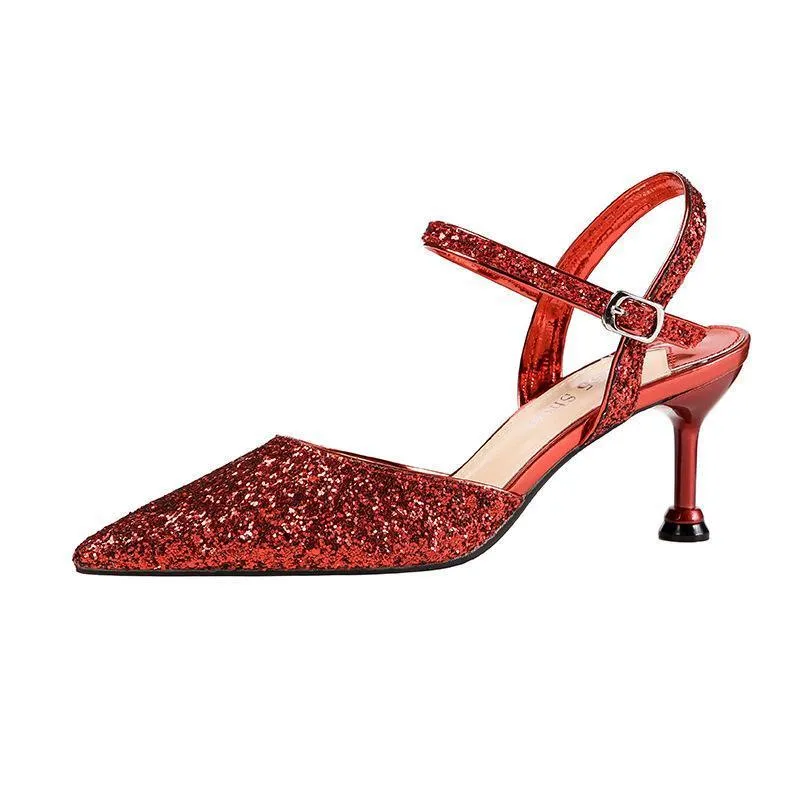 Chicvane Sequined Rhinestones Pointed Toe Stiletto Heel Bridal Shoes