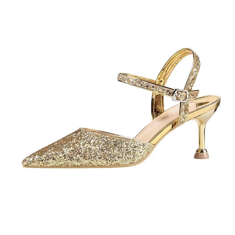Chicvane Sequined Rhinestones Pointed Toe Stiletto Heel Bridal Shoes