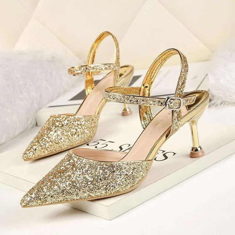 Chicvane Sequined Rhinestones Pointed Toe Stiletto Heel Bridal Shoes