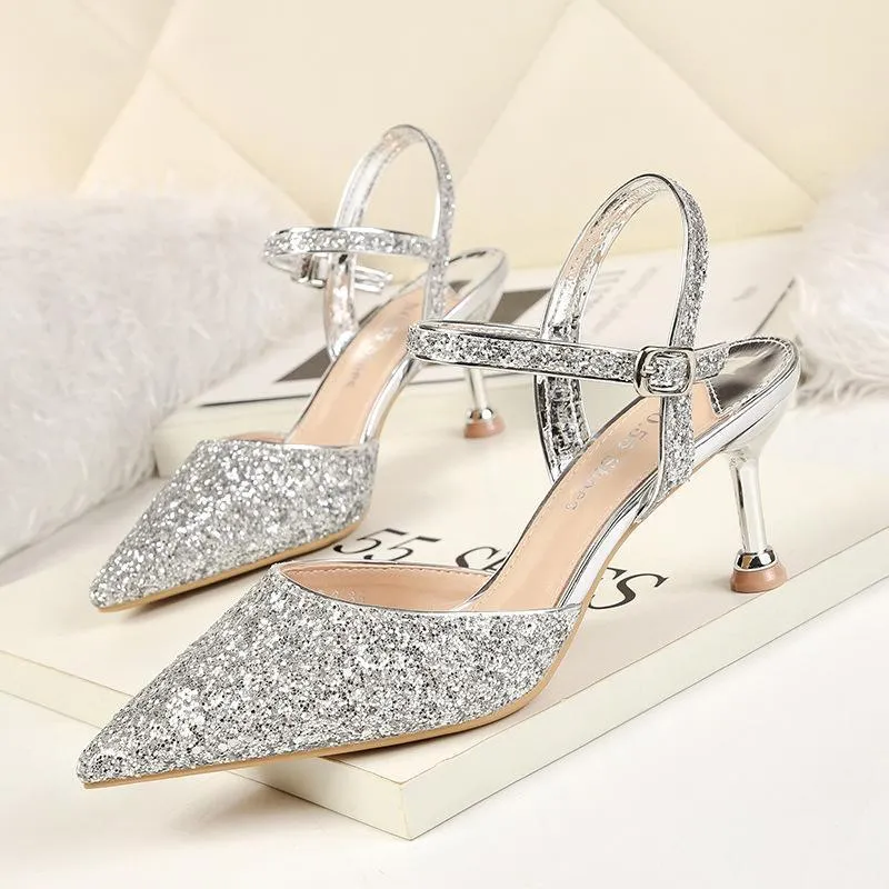 Chicvane Sequined Rhinestones Pointed Toe Stiletto Heel Bridal Shoes