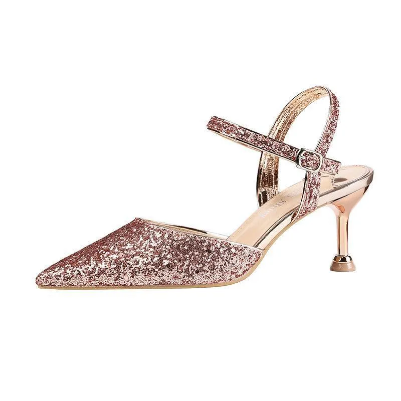 Chicvane Sequined Rhinestones Pointed Toe Stiletto Heel Bridal Shoes