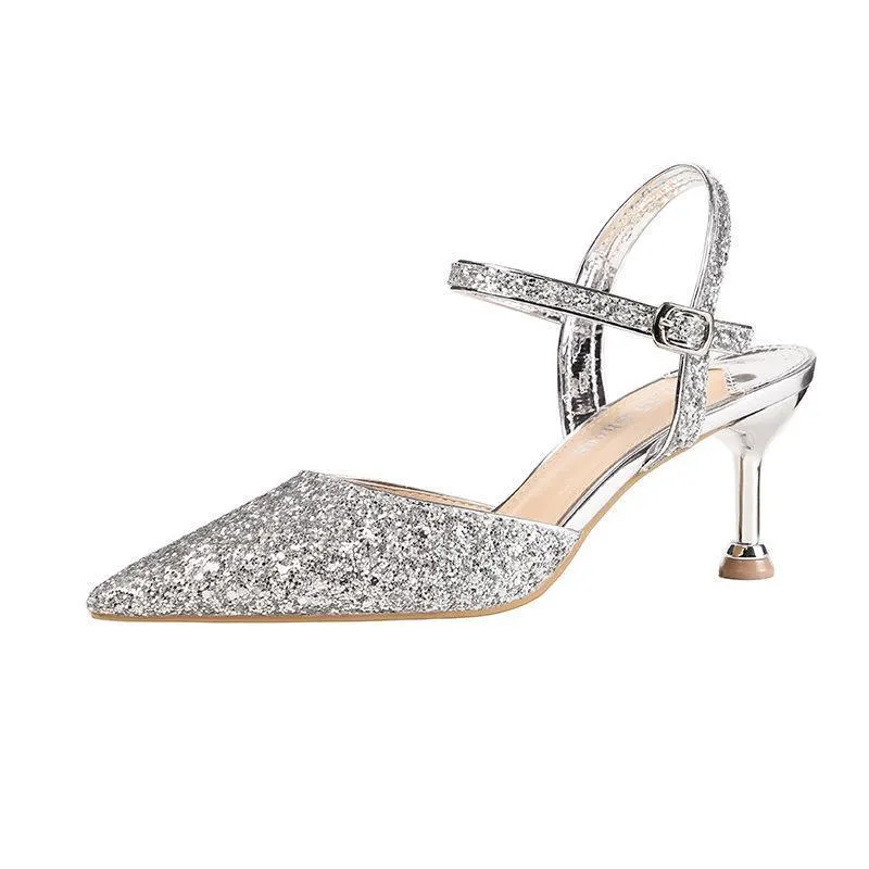 Chicvane Sequined Rhinestones Pointed Toe Stiletto Heel Bridal Shoes