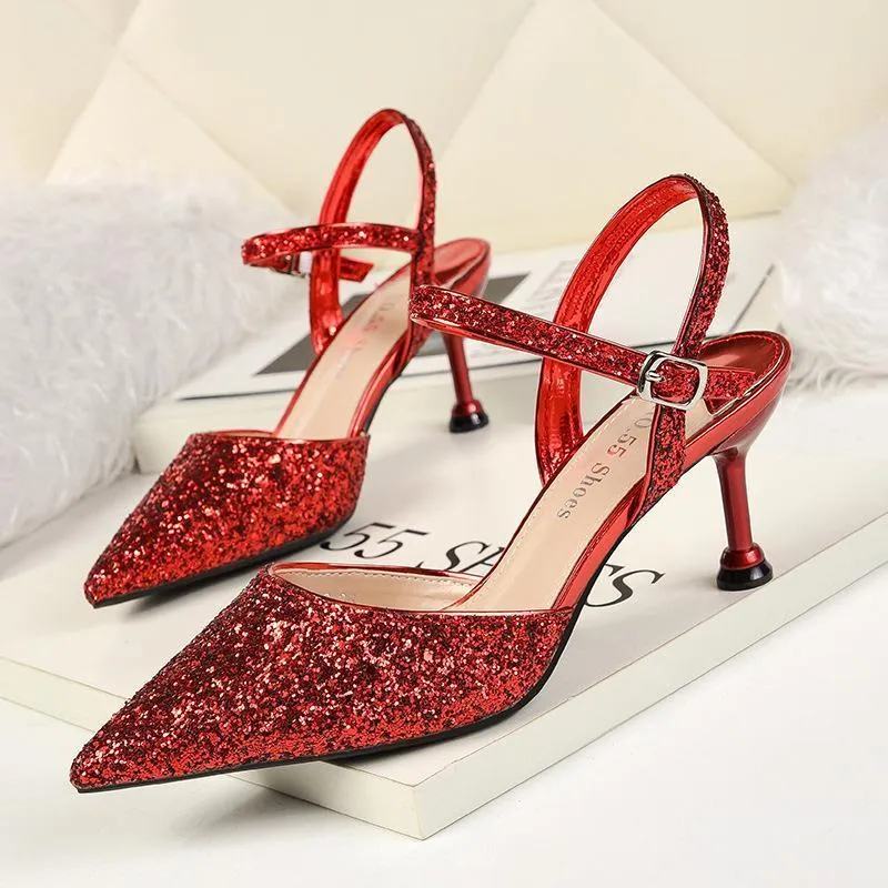 Chicvane Sequined Rhinestones Pointed Toe Stiletto Heel Bridal Shoes