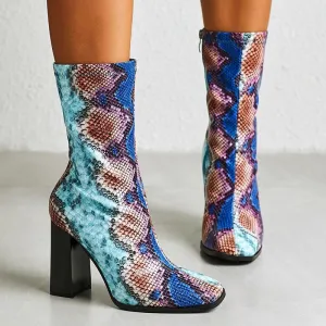 Chicvane Snakeskin Printed Square Toe Chunky Heel Mid Calf Boots For Girls With Zipper