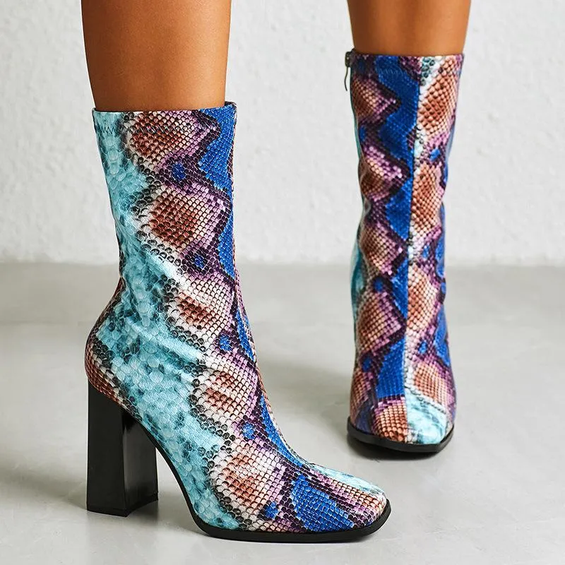 Chicvane Snakeskin Printed Square Toe Chunky Heel Mid Calf Boots For Girls With Zipper