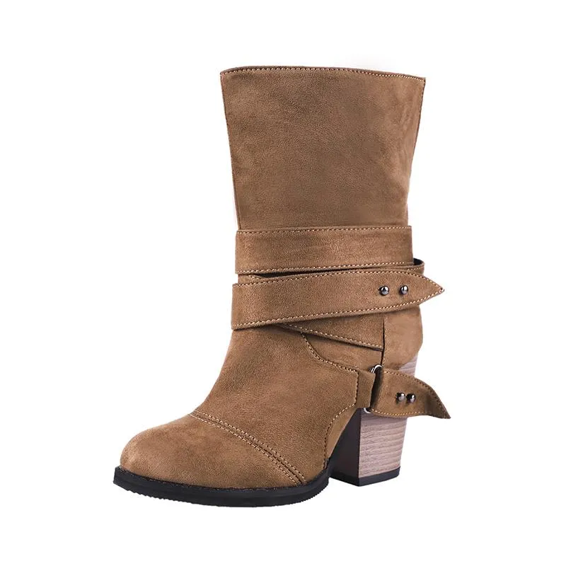 Chicvane Womens Faux Leather Stacked Chunky Heel Mid Calf Boots With Buckle Strap