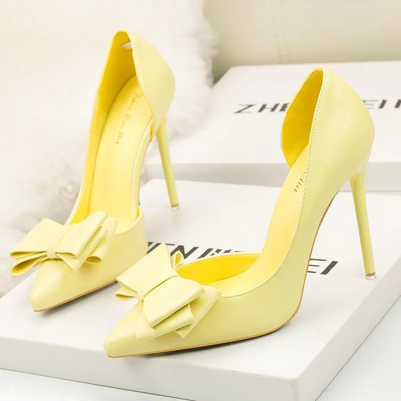 Chicvane Womens Solid Bowknot Pointed Toe Stiletto Heel Bridal Pumps