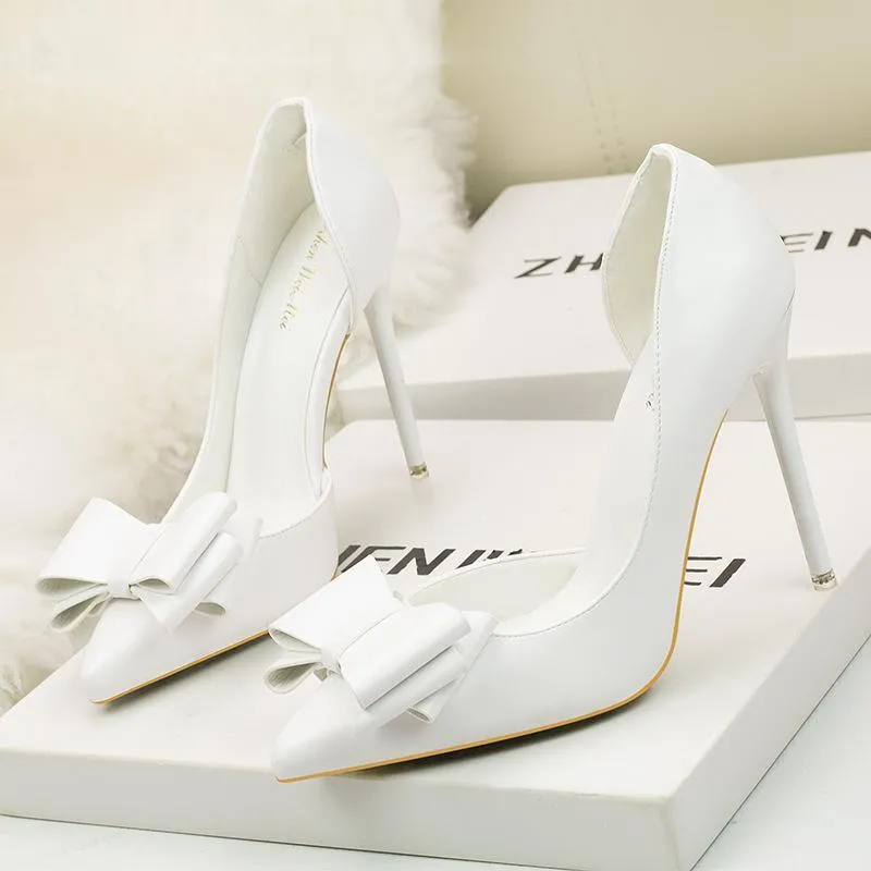 Chicvane Womens Solid Bowknot Pointed Toe Stiletto Heel Bridal Pumps