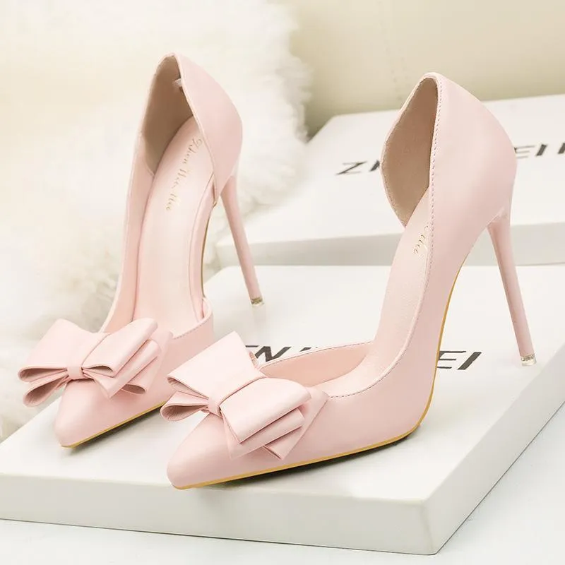 Chicvane Womens Solid Bowknot Pointed Toe Stiletto Heel Bridal Pumps