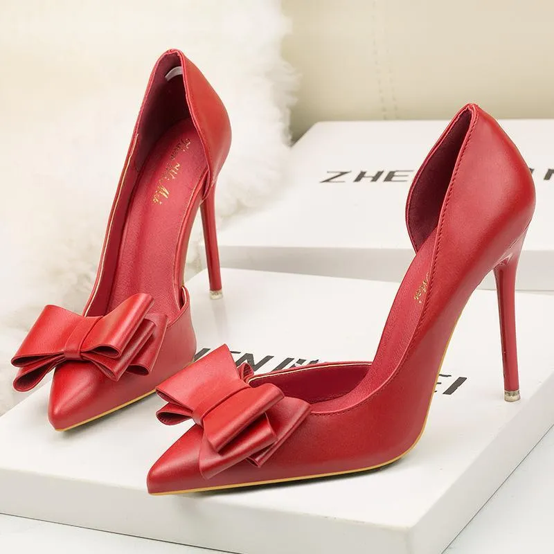 Chicvane Womens Solid Bowknot Pointed Toe Stiletto Heel Bridal Pumps