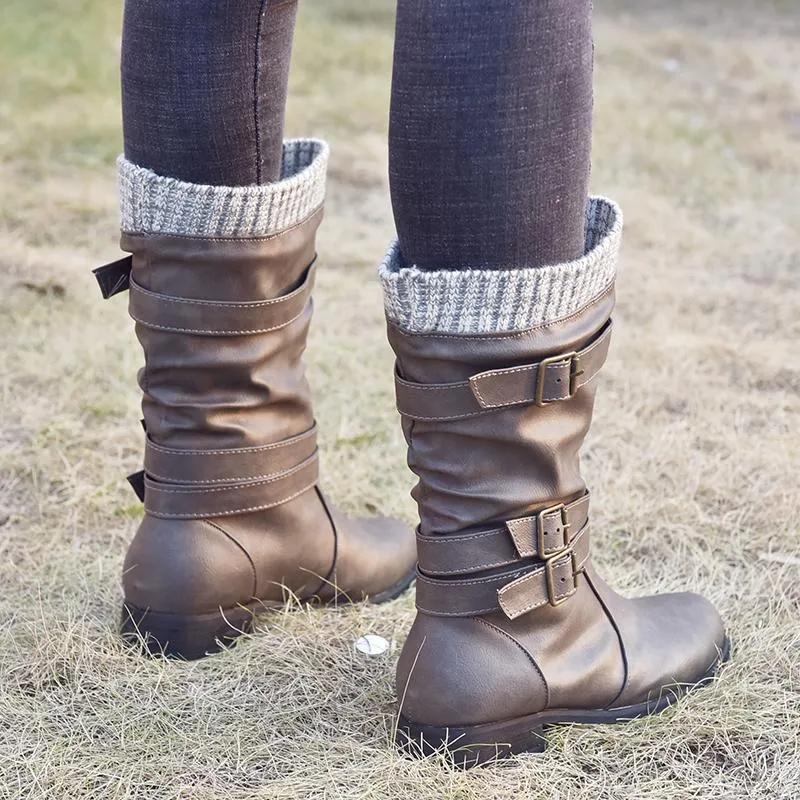 Chicvane Womens Sweater Knitted Trim Belt Buckle Flat Chunky Heel Mid Calf Boots