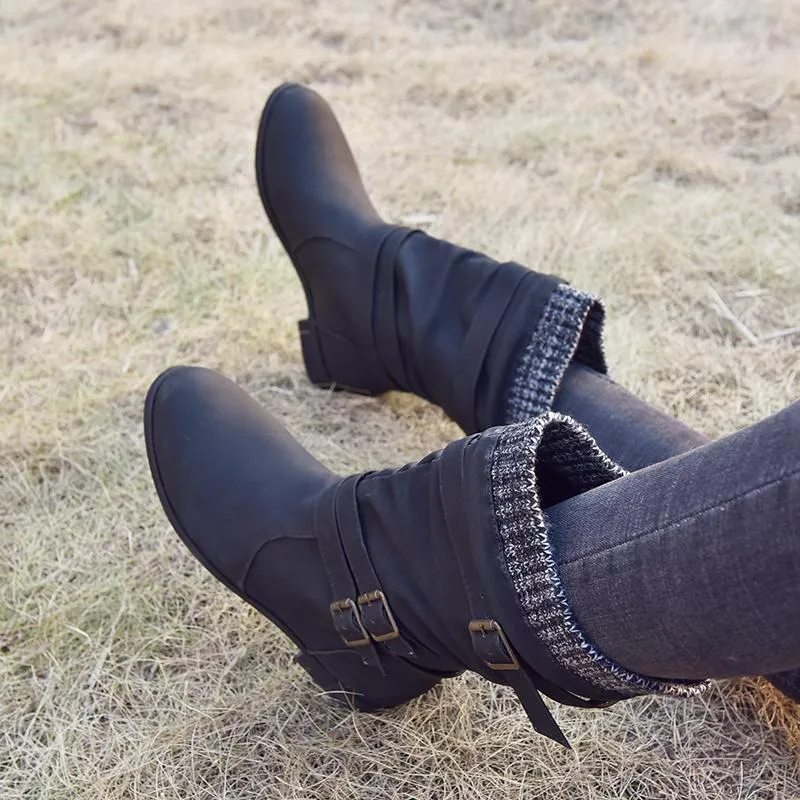 Chicvane Womens Sweater Knitted Trim Belt Buckle Flat Chunky Heel Mid Calf Boots