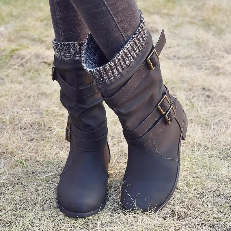 Chicvane Womens Sweater Knitted Trim Belt Buckle Flat Chunky Heel Mid Calf Boots