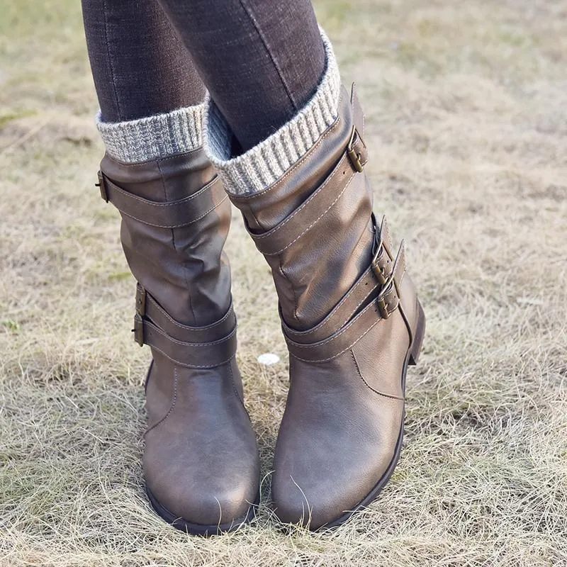 Chicvane Womens Sweater Knitted Trim Belt Buckle Flat Chunky Heel Mid Calf Boots