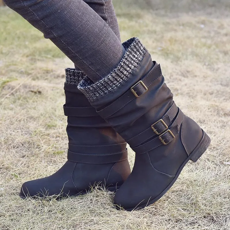 Chicvane Womens Sweater Knitted Trim Belt Buckle Flat Chunky Heel Mid Calf Boots