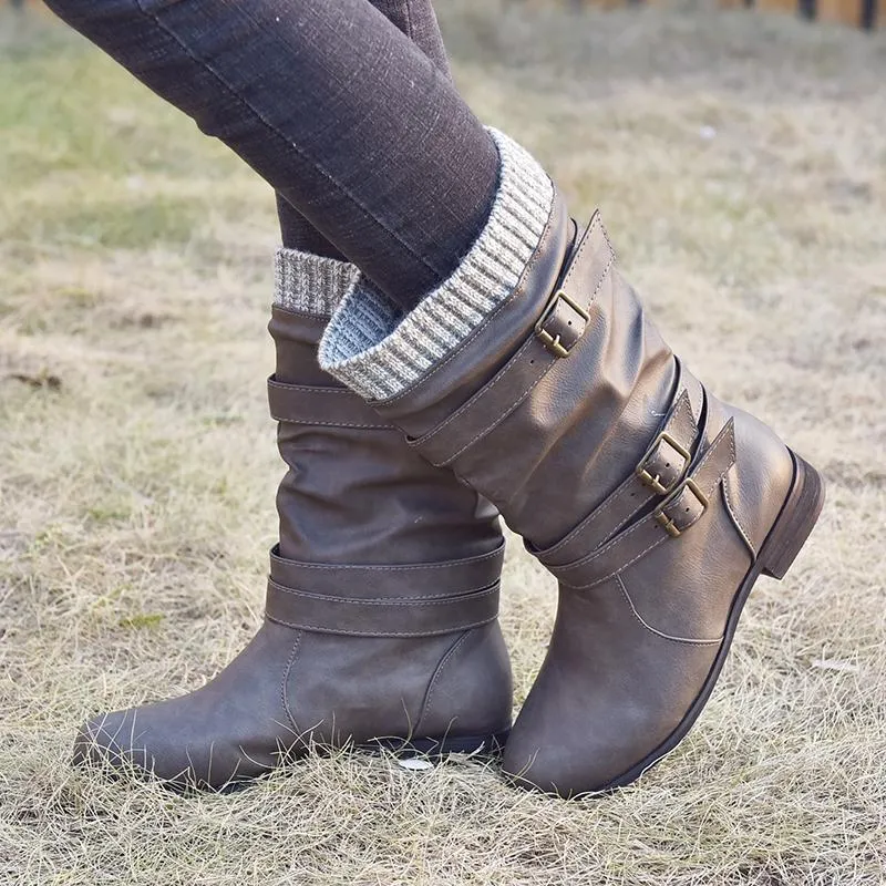 Chicvane Womens Sweater Knitted Trim Belt Buckle Flat Chunky Heel Mid Calf Boots