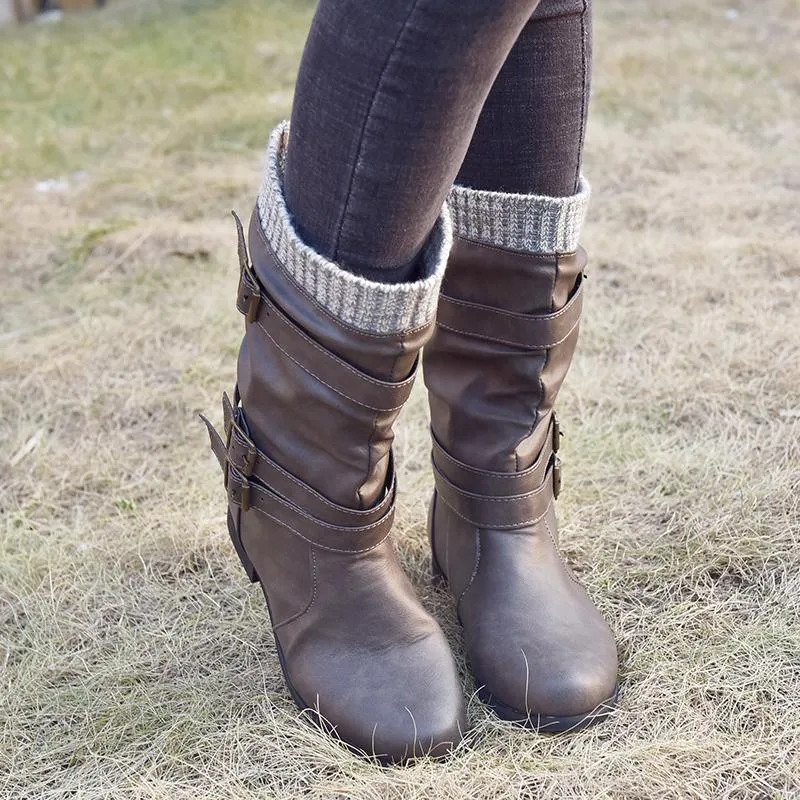 Chicvane Womens Sweater Knitted Trim Belt Buckle Flat Chunky Heel Mid Calf Boots