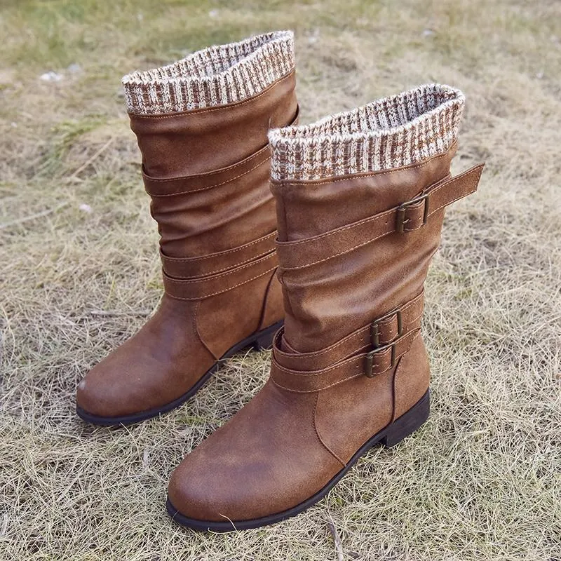 Chicvane Womens Sweater Knitted Trim Belt Buckle Flat Chunky Heel Mid Calf Boots