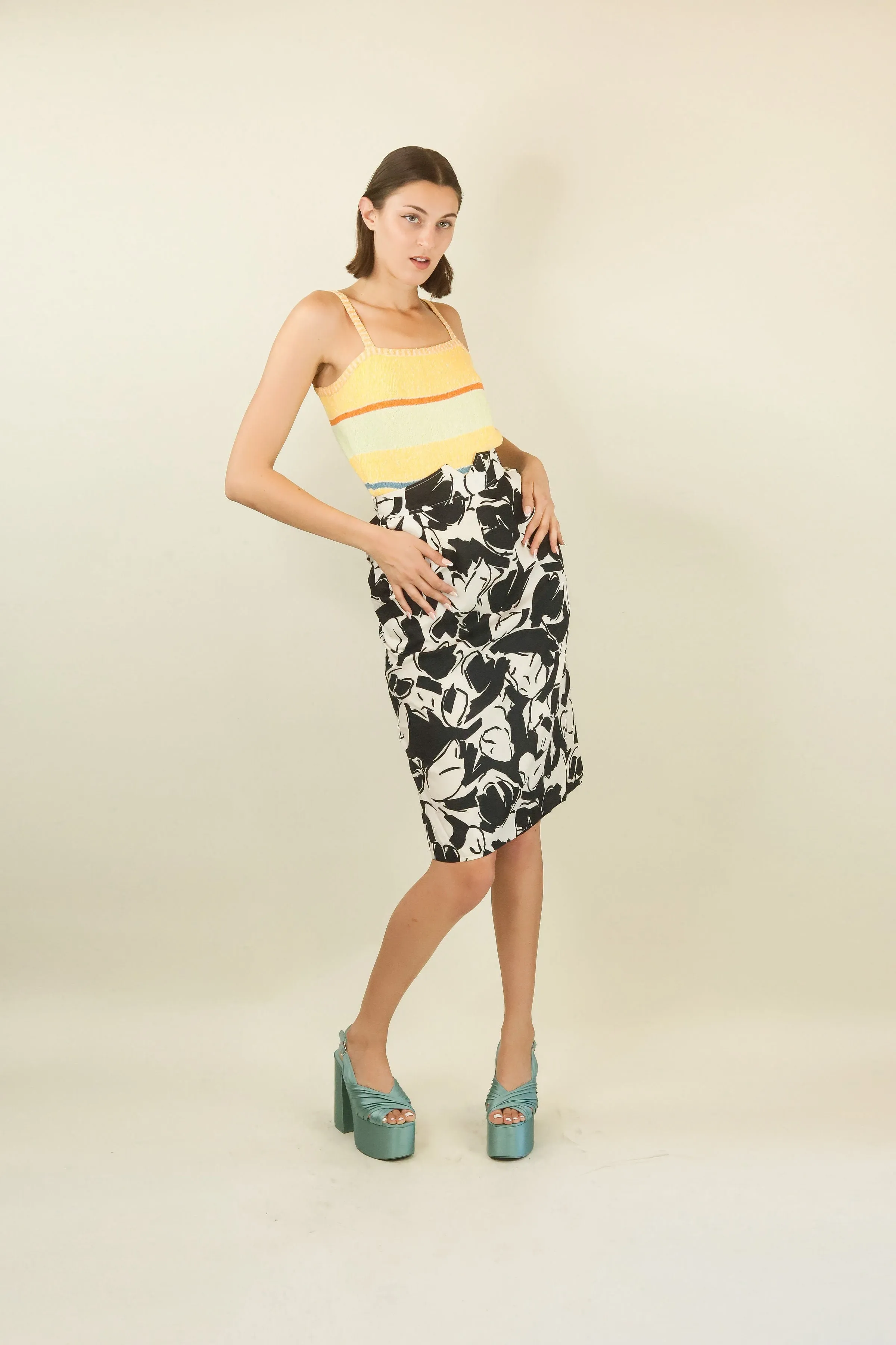Courreges c 1980's Black & White Floral Skirt with Center Buttons