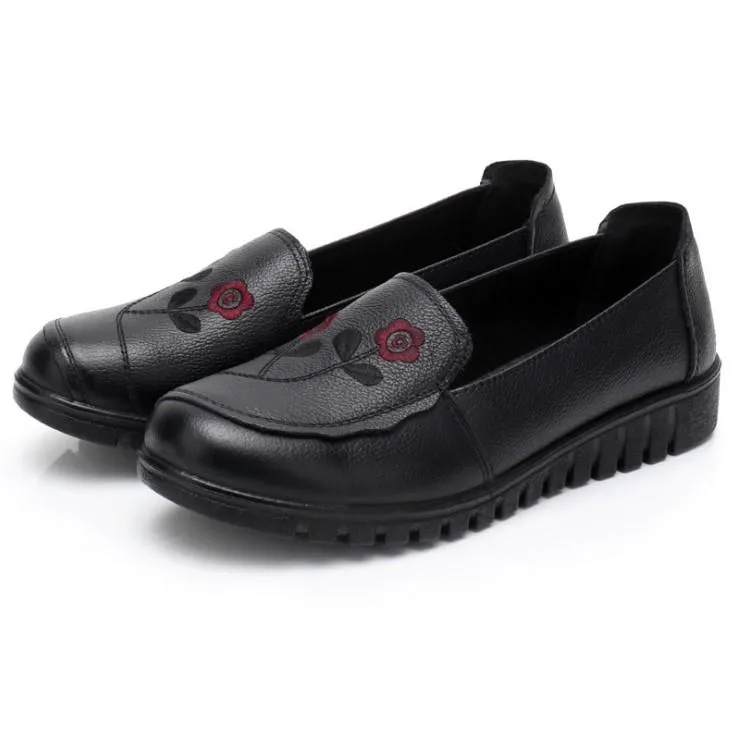 Cowhide Middle-aged Non-slip Soft Bottom Print Flat Mother's shoes