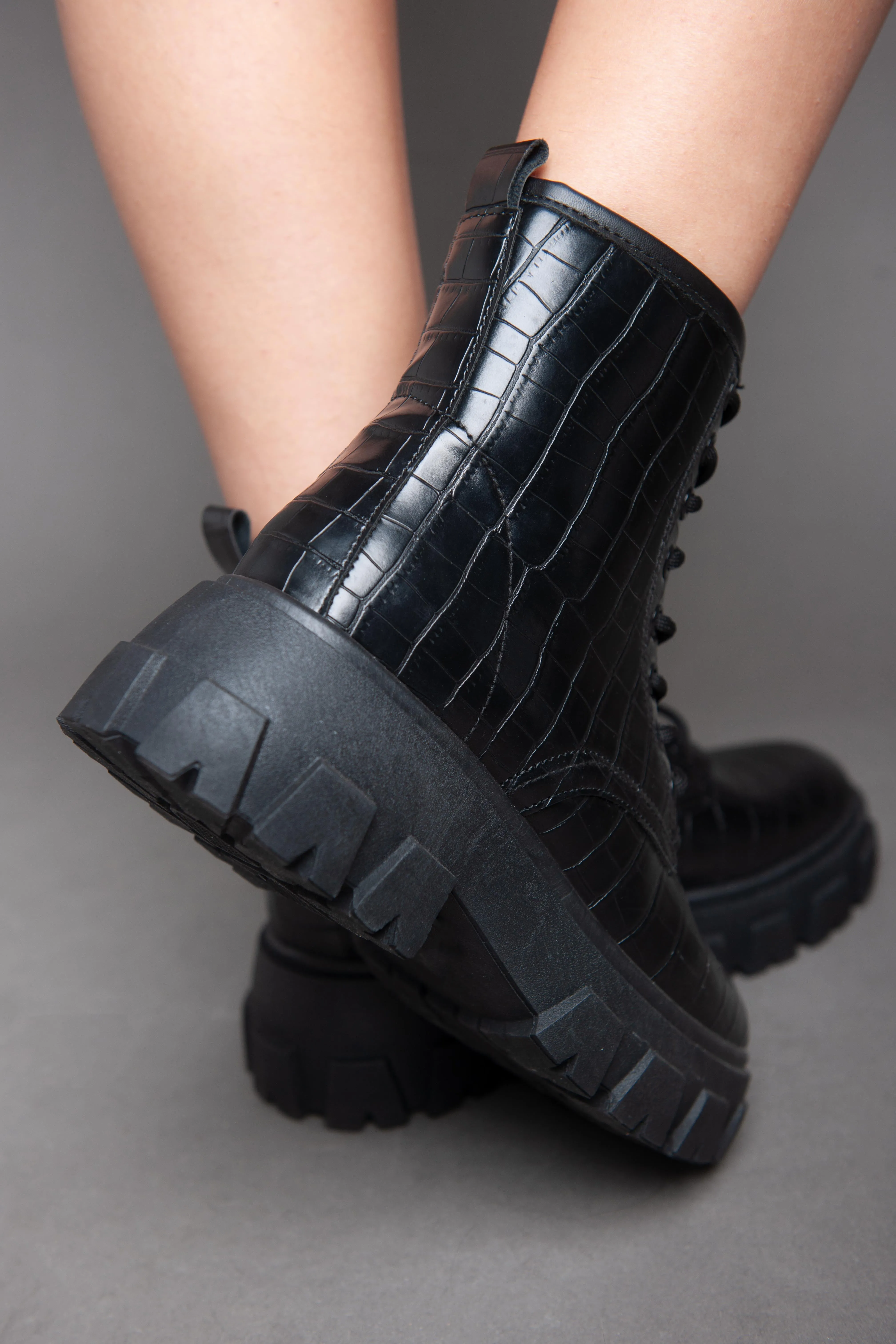 Croc Leather Biker Ankle Boot - Black