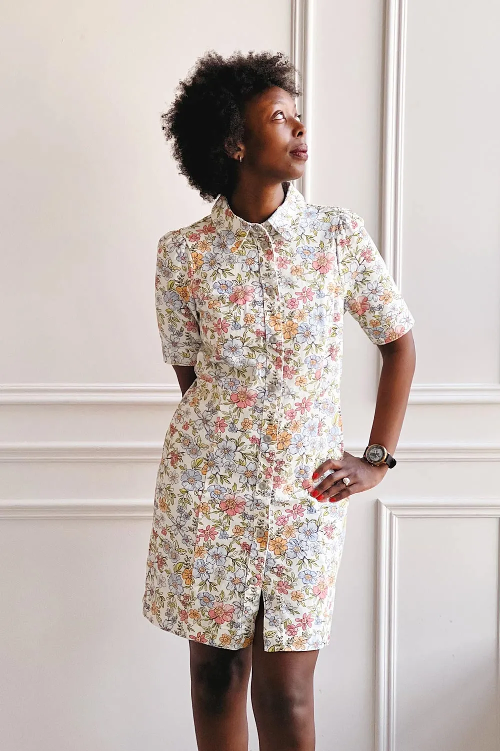 Dorcas | Short Button-Up Denim Floral Dress