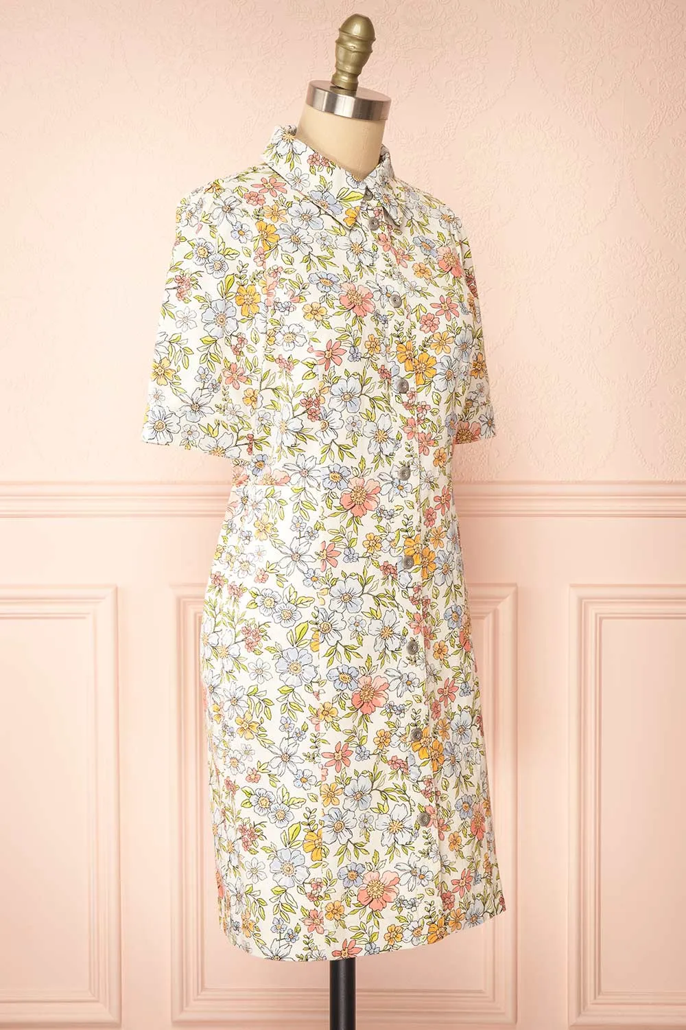 Dorcas | Short Button-Up Denim Floral Dress