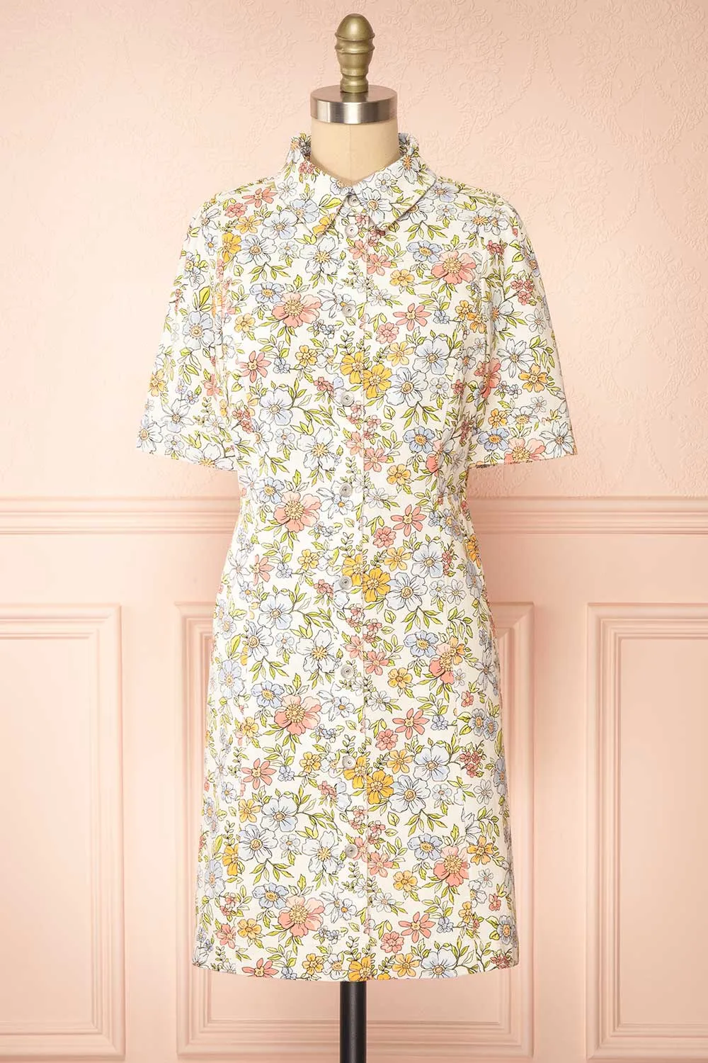 Dorcas | Short Button-Up Denim Floral Dress