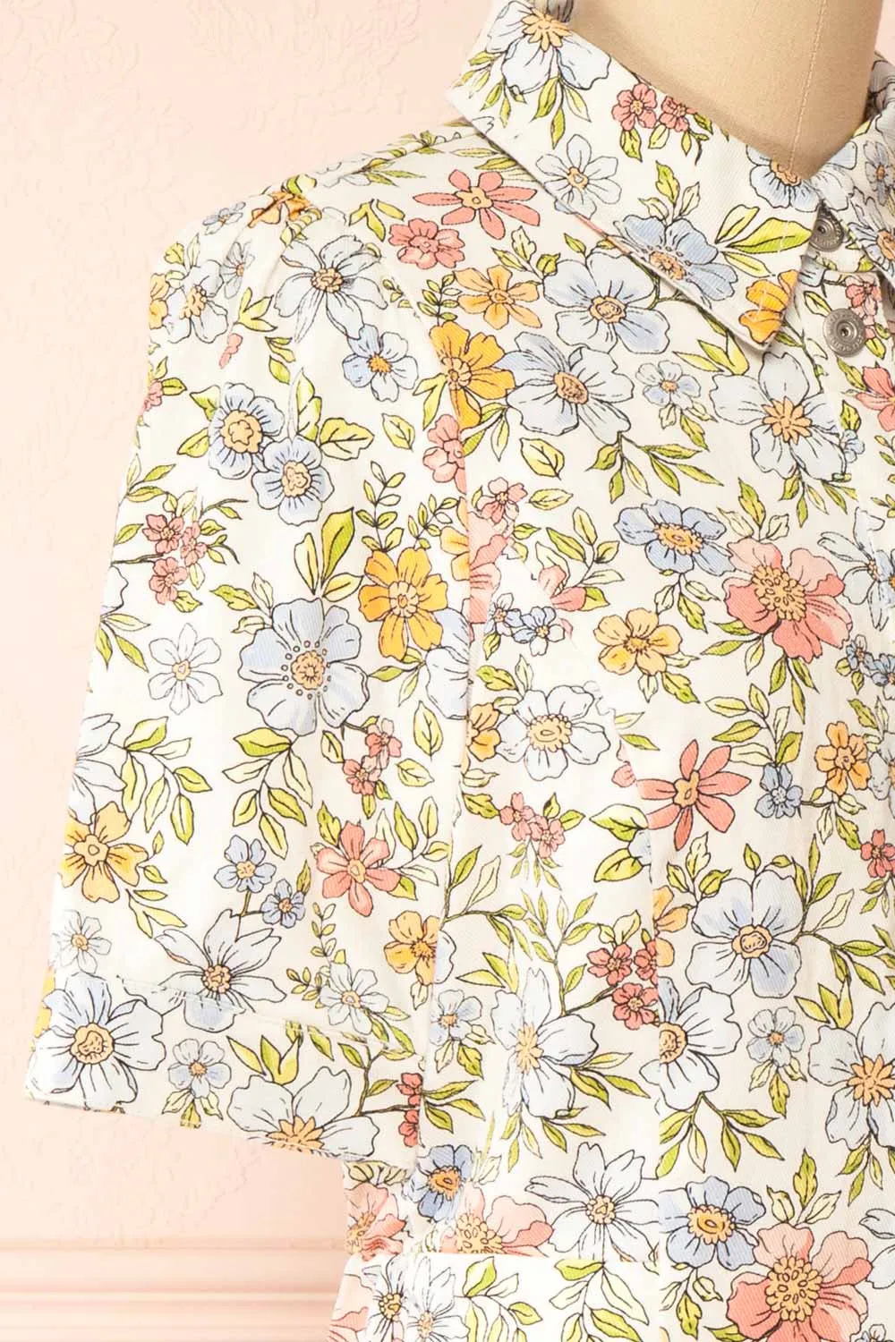 Dorcas | Short Button-Up Denim Floral Dress
