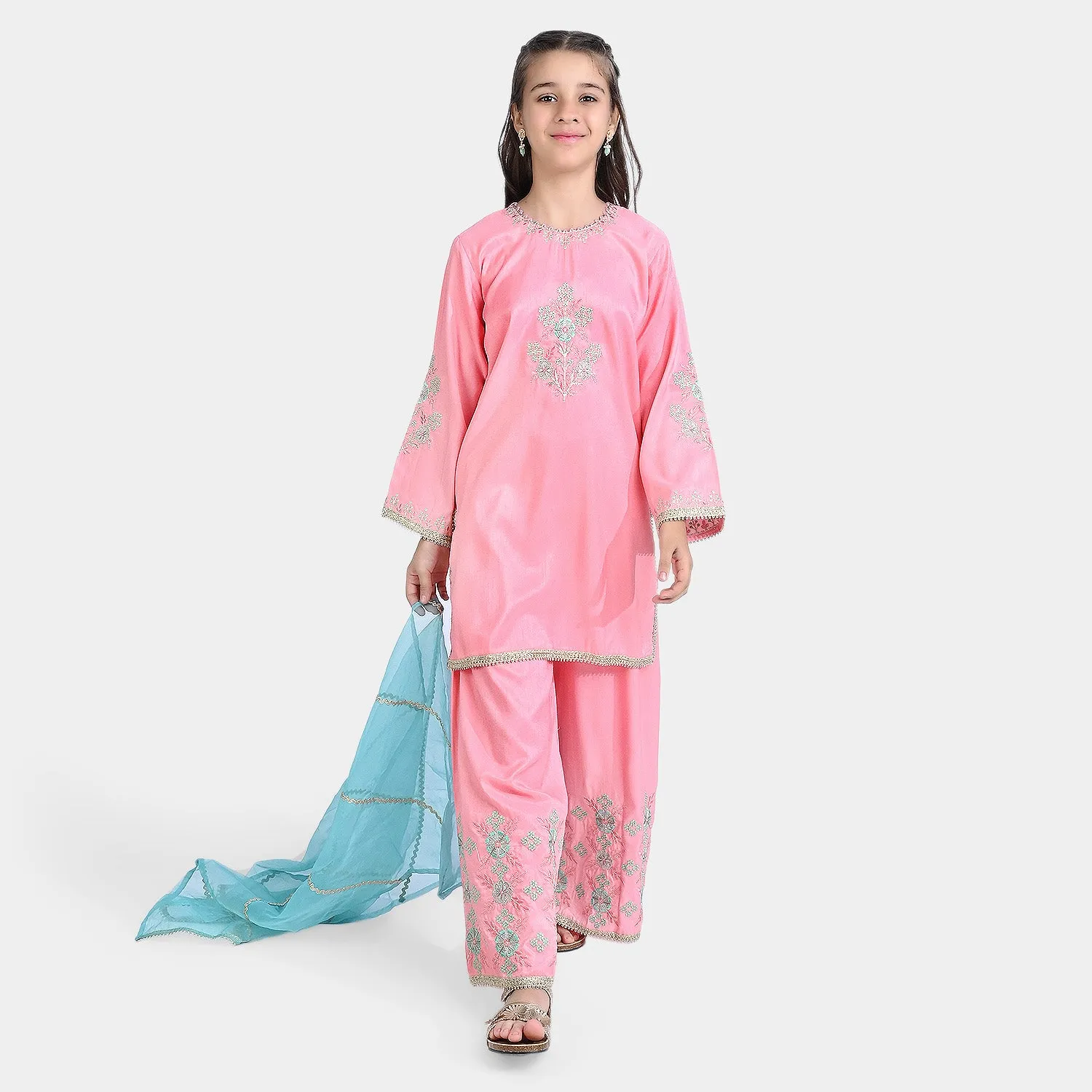 Girls Raw Silk 3PCs Suit Noor Jahan-Pink