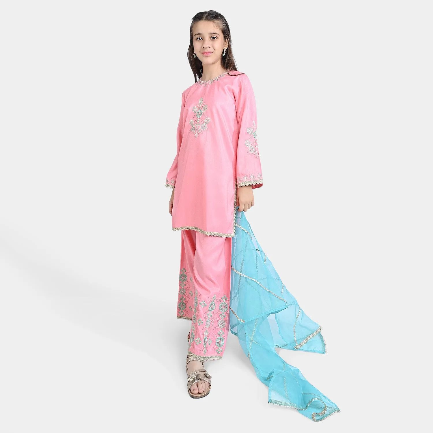 Girls Raw Silk 3PCs Suit Noor Jahan-Pink