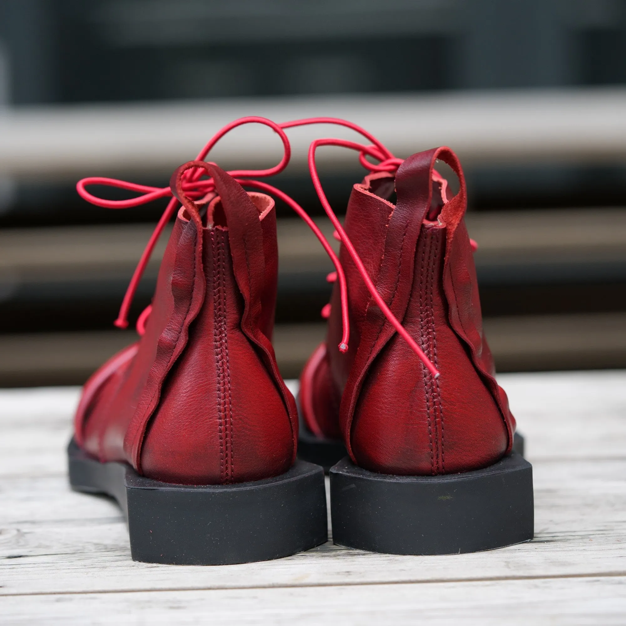 Handmade Soft Leather Barefoot Ankle Boots Lace-Up in Red/Black/Coffee
