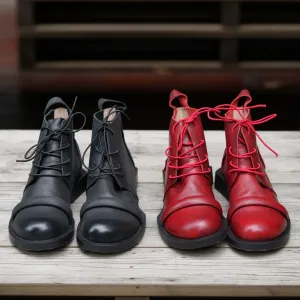 Handmade Soft Leather Barefoot Ankle Boots Lace-Up in Red/Black/Coffee