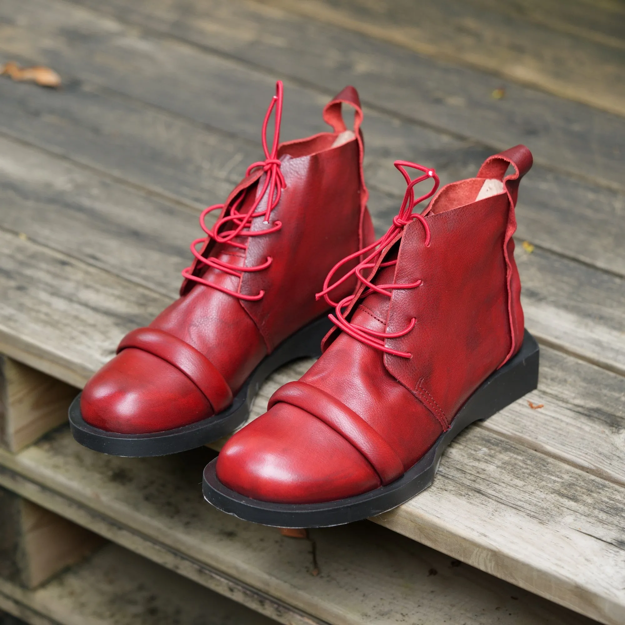 Handmade Soft Leather Barefoot Ankle Boots Lace-Up in Red/Black/Coffee