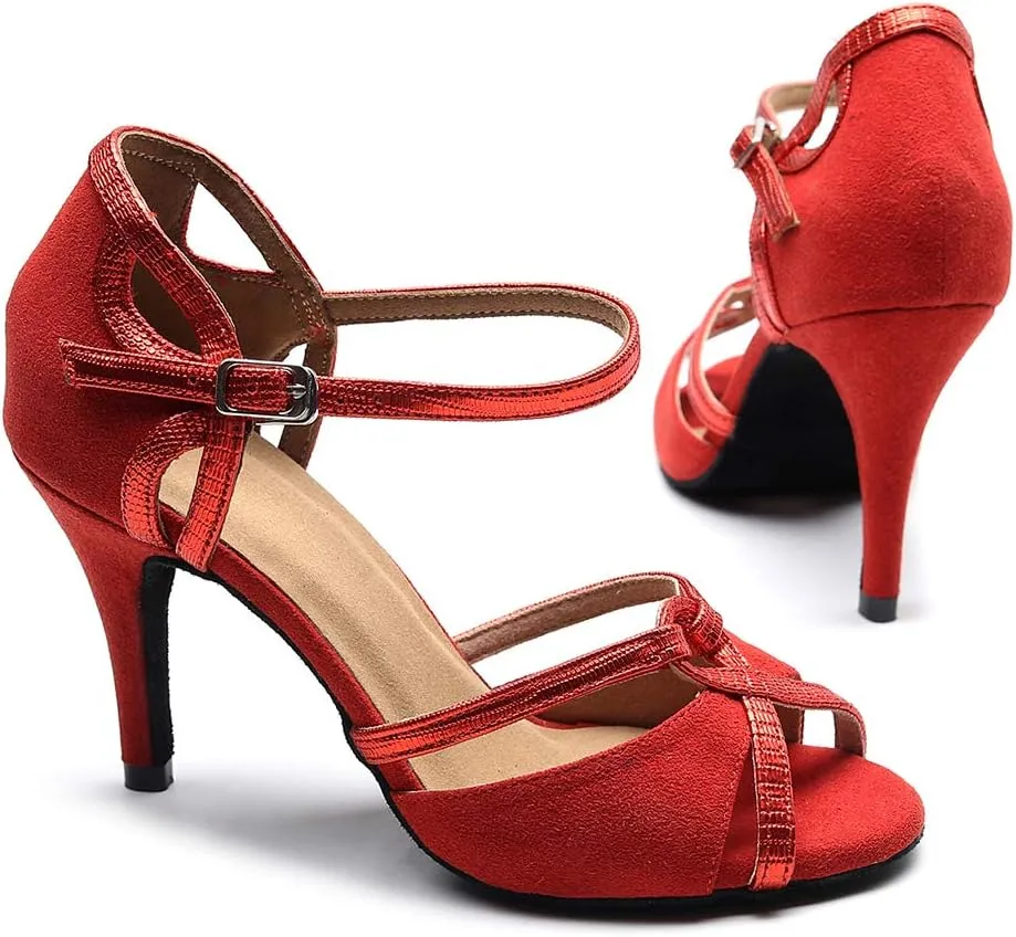 HIPPOSEUS Women's Professional Latin Dance Shoes Ankle Strap Salsa Bachata Ballroom Dance Heels,Model QJW