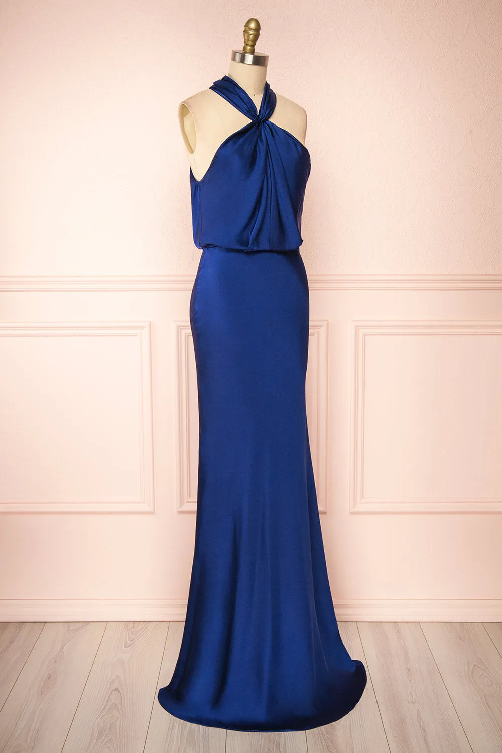 Jinny Navy | Satin Halter Maxi Dress