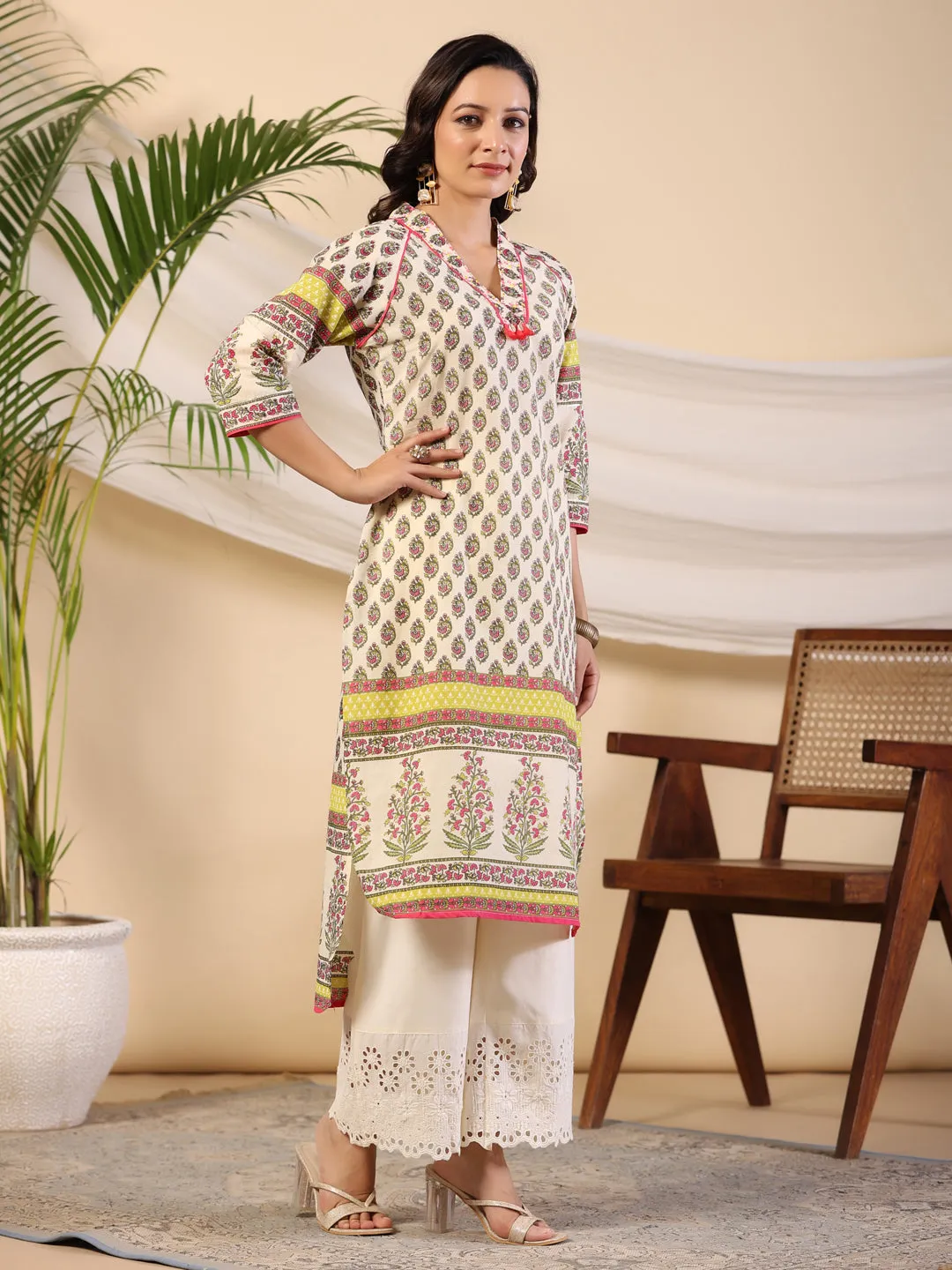 Juniper Women Beige Ethnic Motif Printed High Low Cotton Kurta With Kaudis Tassels & Contract Piping