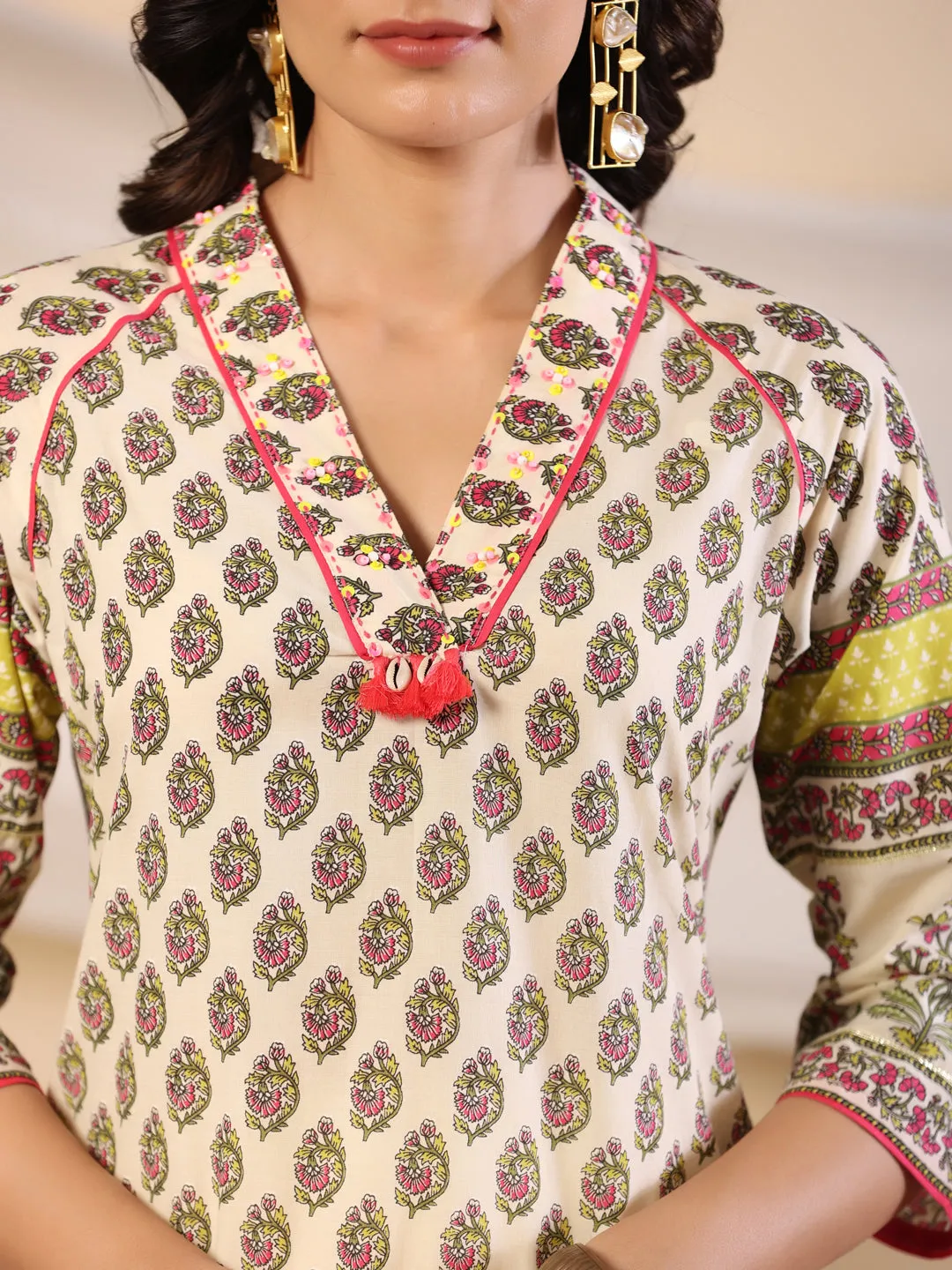 Juniper Women Beige Ethnic Motif Printed High Low Cotton Kurta With Kaudis Tassels & Contract Piping