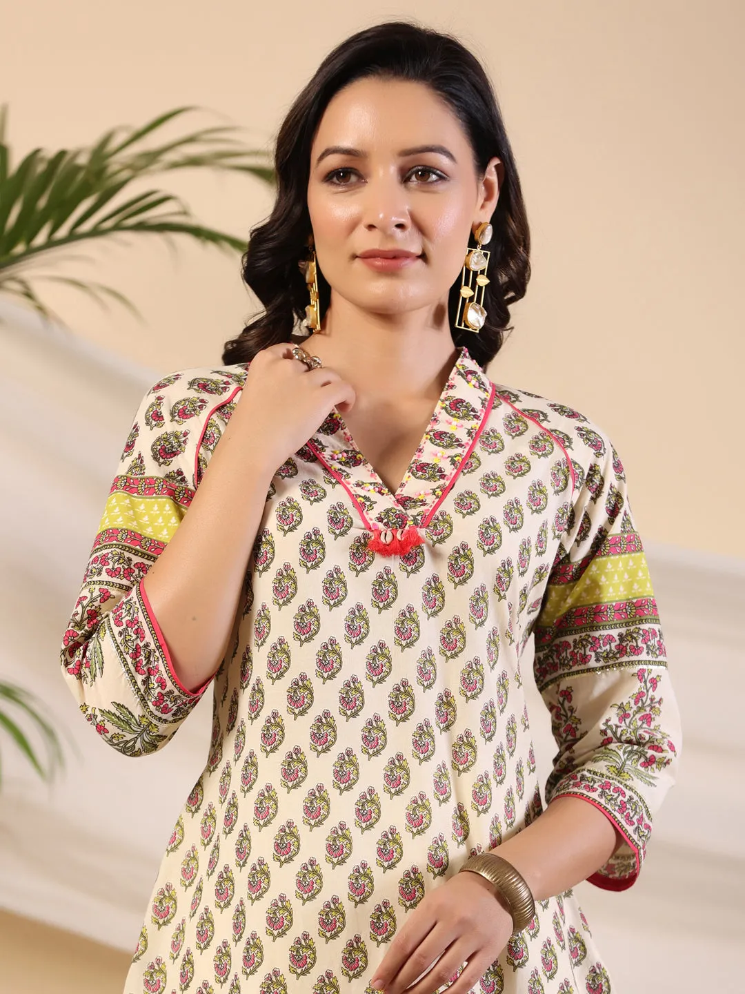 Juniper Women Beige Ethnic Motif Printed High Low Cotton Kurta With Kaudis Tassels & Contract Piping