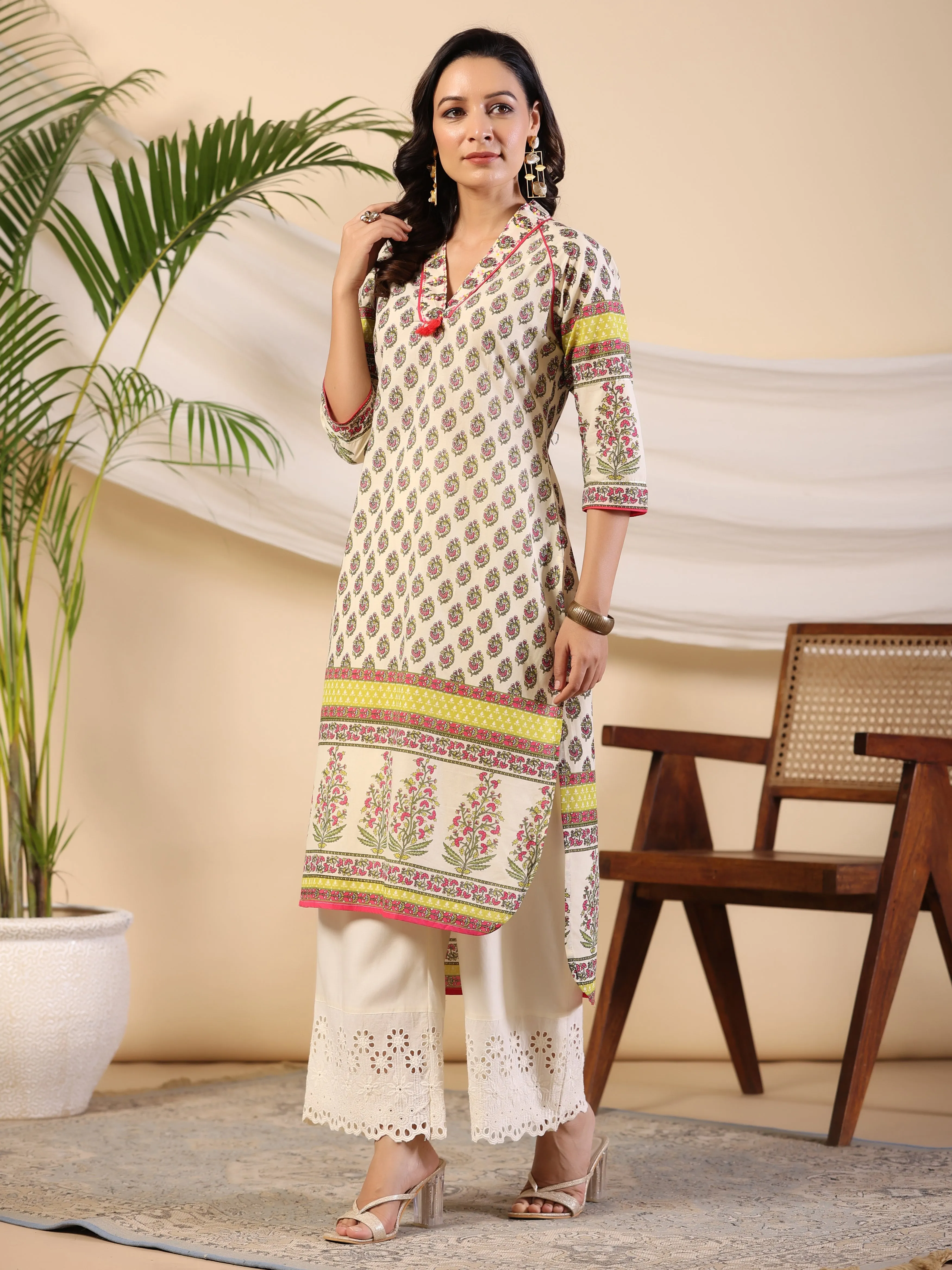 Juniper Women Beige Ethnic Motif Printed High Low Cotton Kurta With Kaudis Tassels & Contract Piping