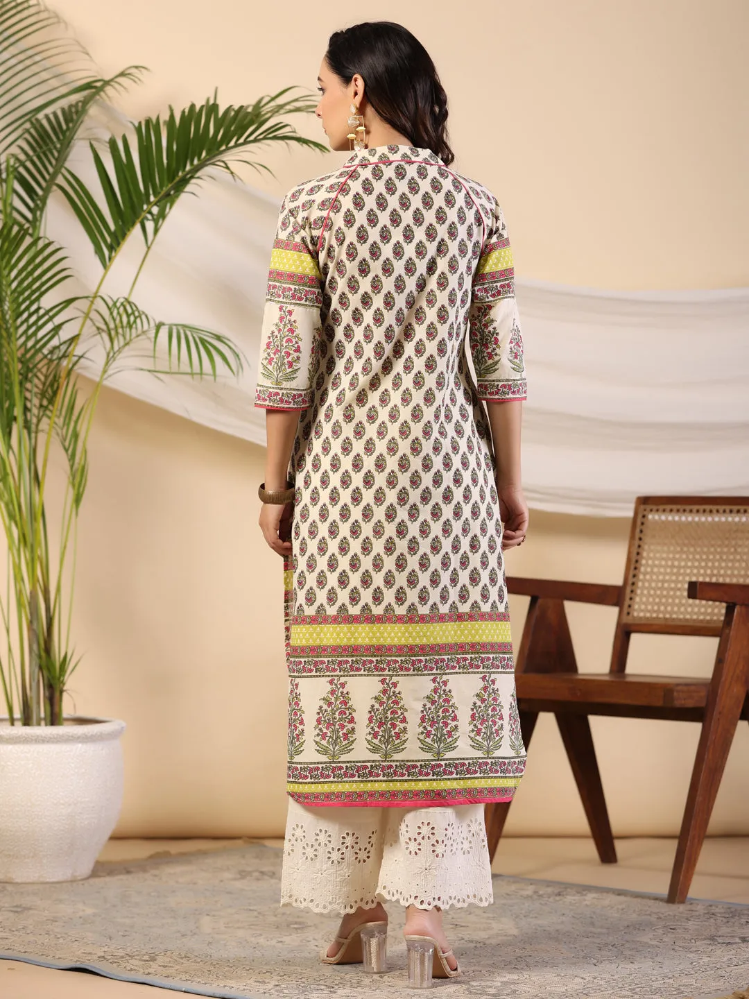 Juniper Women Beige Ethnic Motif Printed High Low Cotton Kurta With Kaudis Tassels & Contract Piping