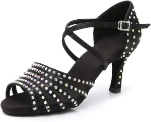 JUODVMPLatin Dance Practice Shoes Women's Satin Heels Latin with Rhinestone Dance Shoes Heels,Model D611
