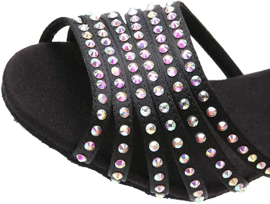 JUODVMPLatin Dance Practice Shoes Women's Satin Heels Latin with Rhinestone Dance Shoes Heels,Model D611
